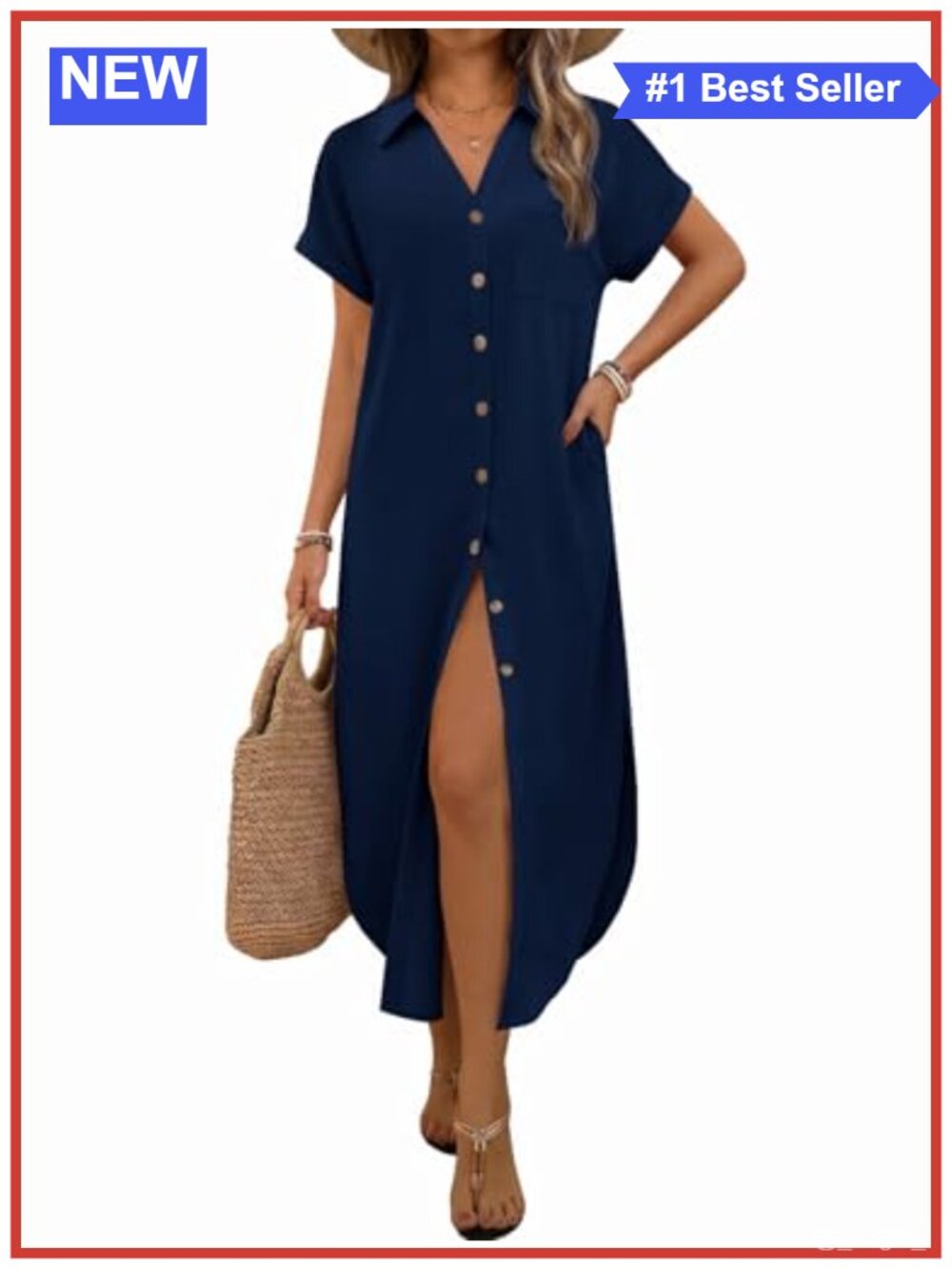 Women's Summer Maxi Dress Short Sleeve Button Down Beach Cover Up with Pockets
